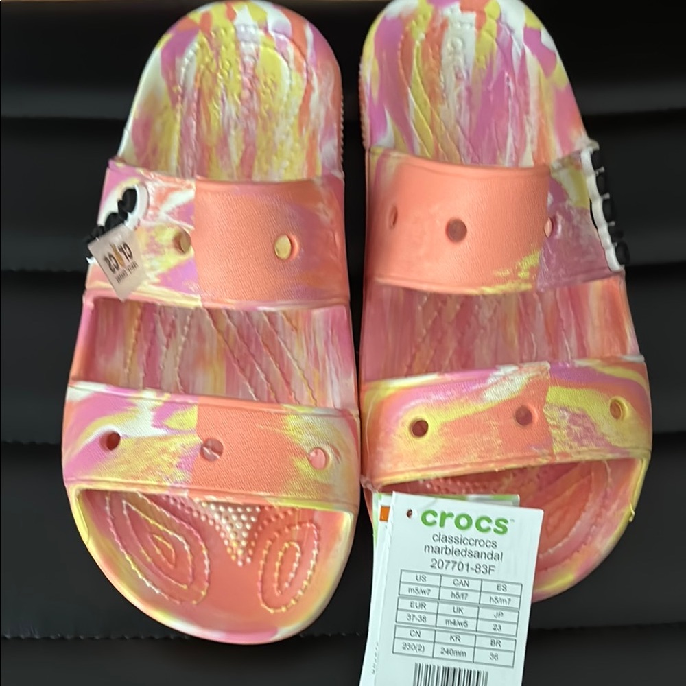 ICONIC CROCS COMFORT Women's Marble Sorbet Color Slippers - Pink and Yellow